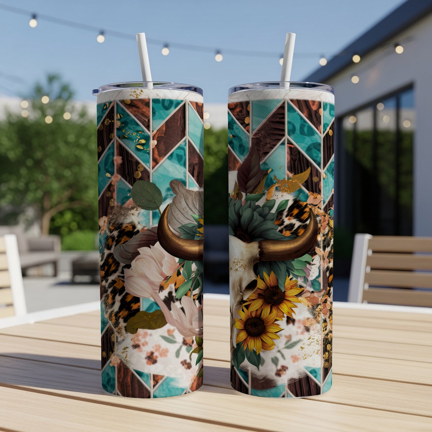 Two tumblers with bull skull and floral design on a patio table.
