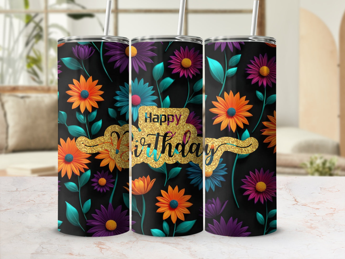 Black tumbler with colorful floral pattern and "Happy Birthday" text.