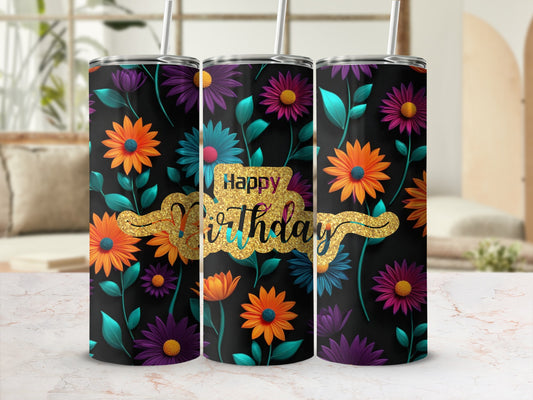 Black tumbler with colorful floral pattern and "Happy Birthday" text.