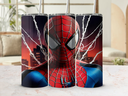 Spiderman tumbler with city background and webs.