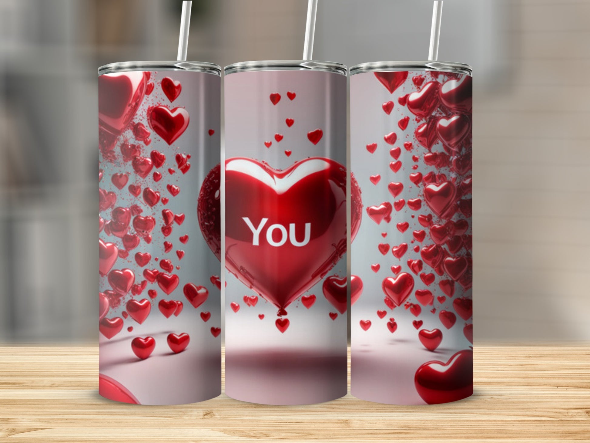 Tumbler with red heart pattern, "You" text on center heart.