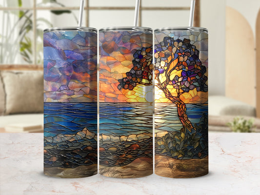 Three tumblers featuring a stained glass tree with sunset and ocean.