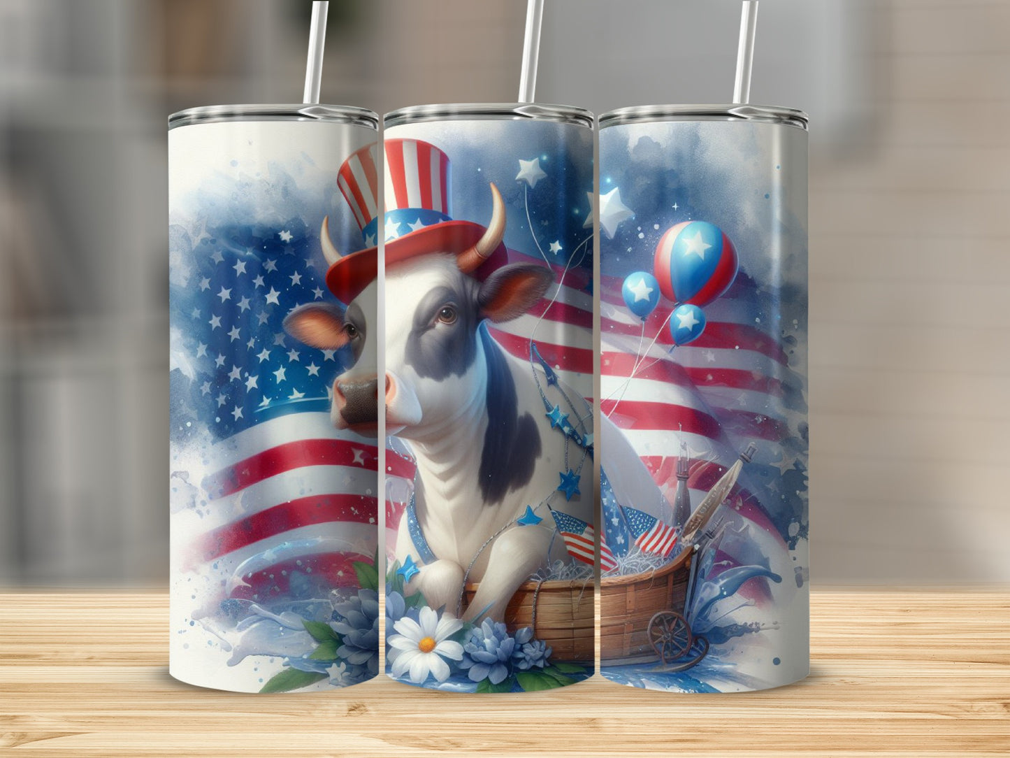 Patriotic cow in Uncle Sam hat with American flag and balloons on tumblers.