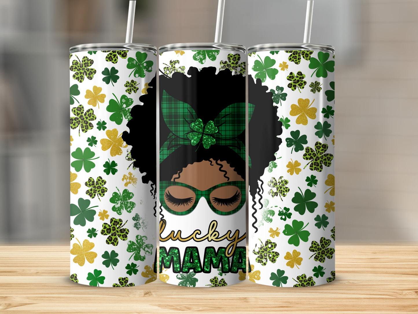 St. Patrick's Day "Lucky Mama" tumbler with shamrocks and glitter accents.