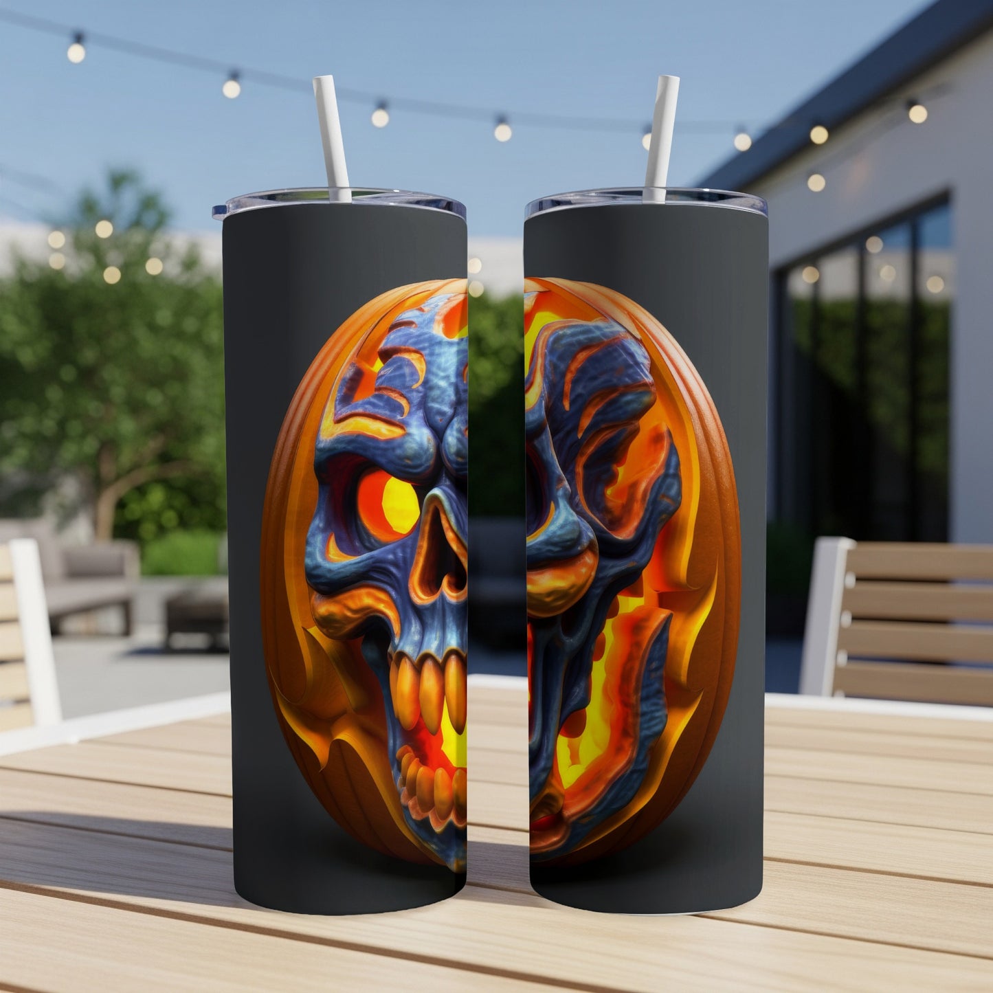 Two tumblers featuring a carved pumpkin skull design with fire and blue accents.