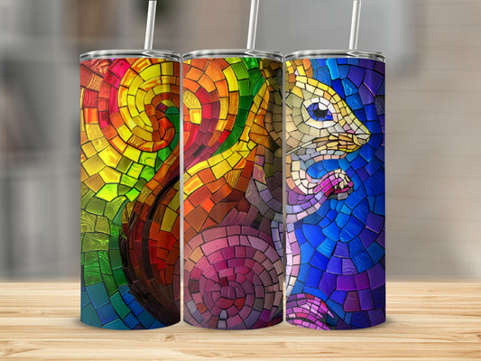 Three tumblers featuring colorful stained-glass squirrel designs.