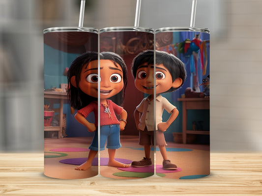 Two animated children, a girl and a boy, stand in a colorful room.