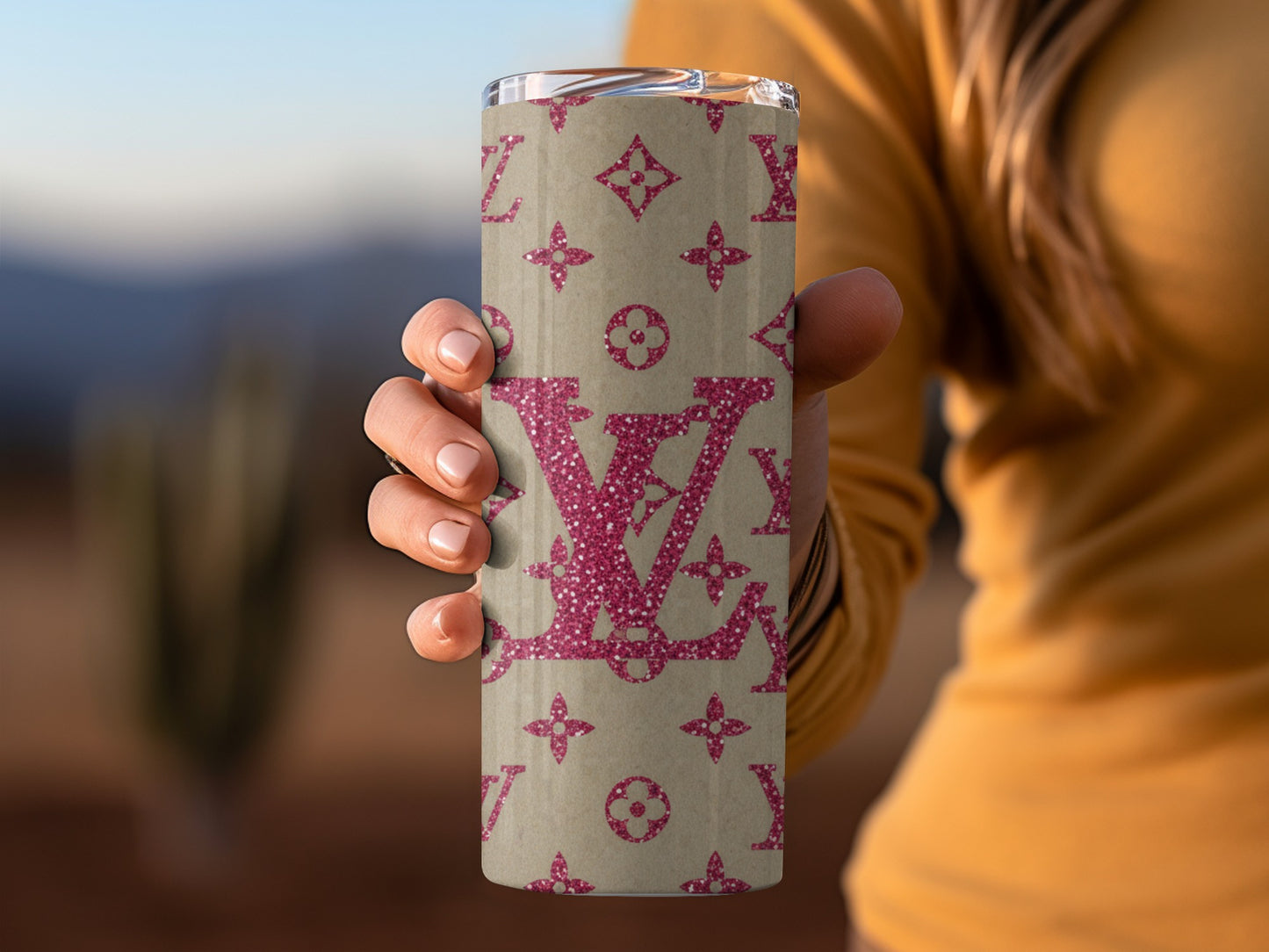 Pink Sparkle Iconic Symbols on Beige Background Tumblers