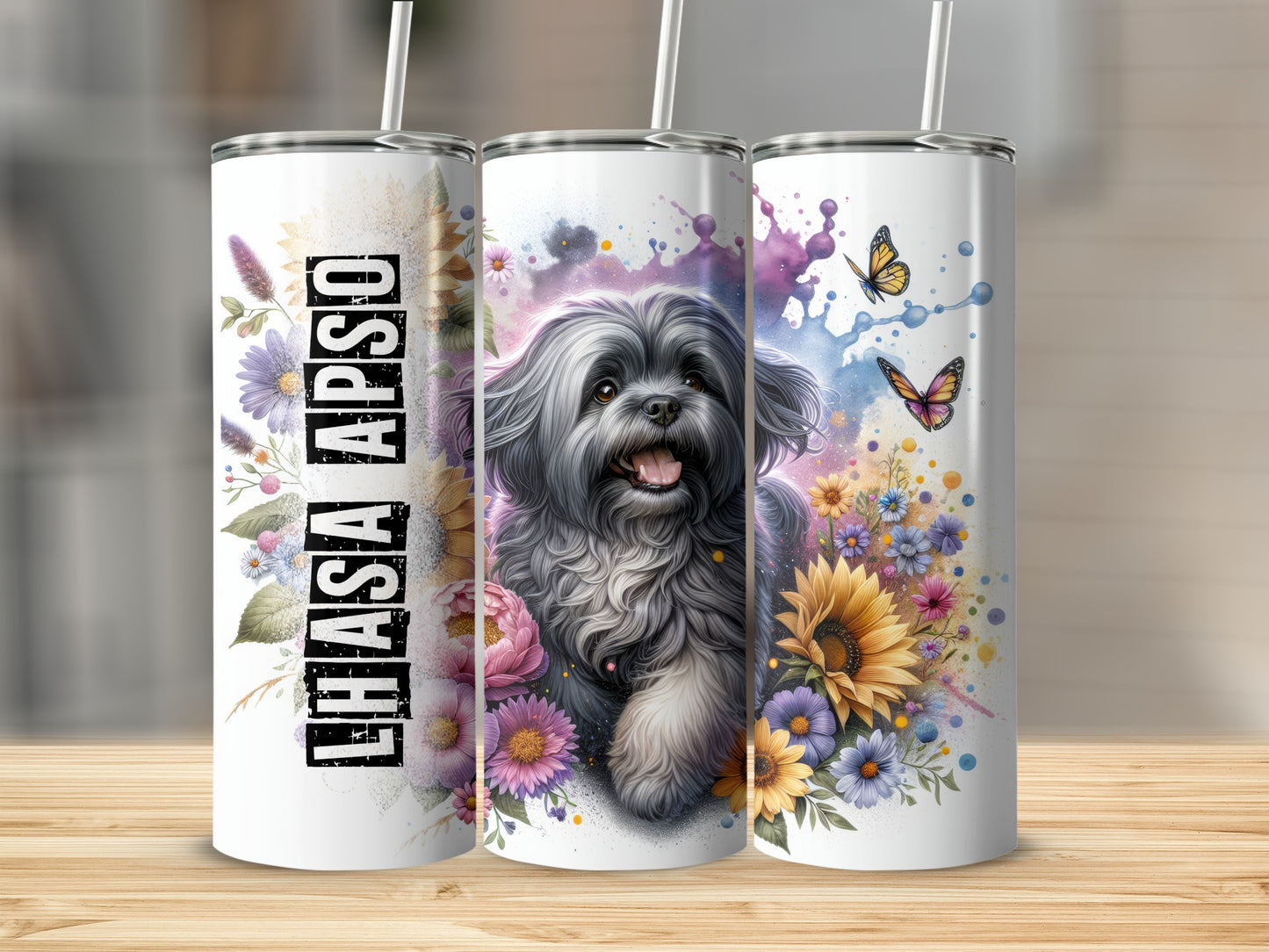 White tumbler with Lhasa Apso dog, flowers, and butterflies.
