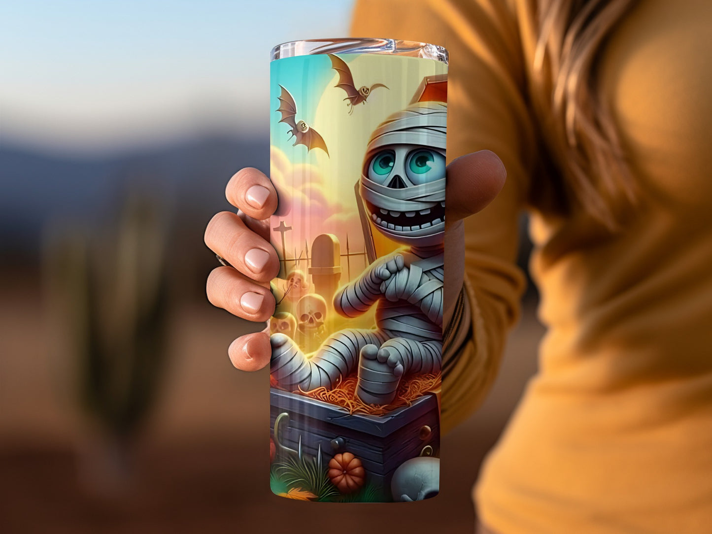 Funny Mummy and Bats Halloween Design tumbler