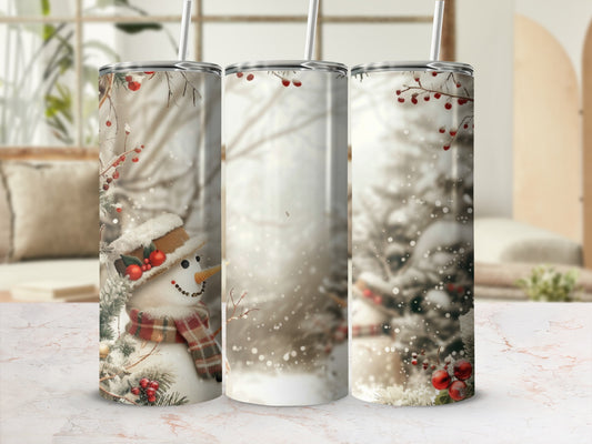 Snowman wearing a scarf and hat with frosted branches and berries.