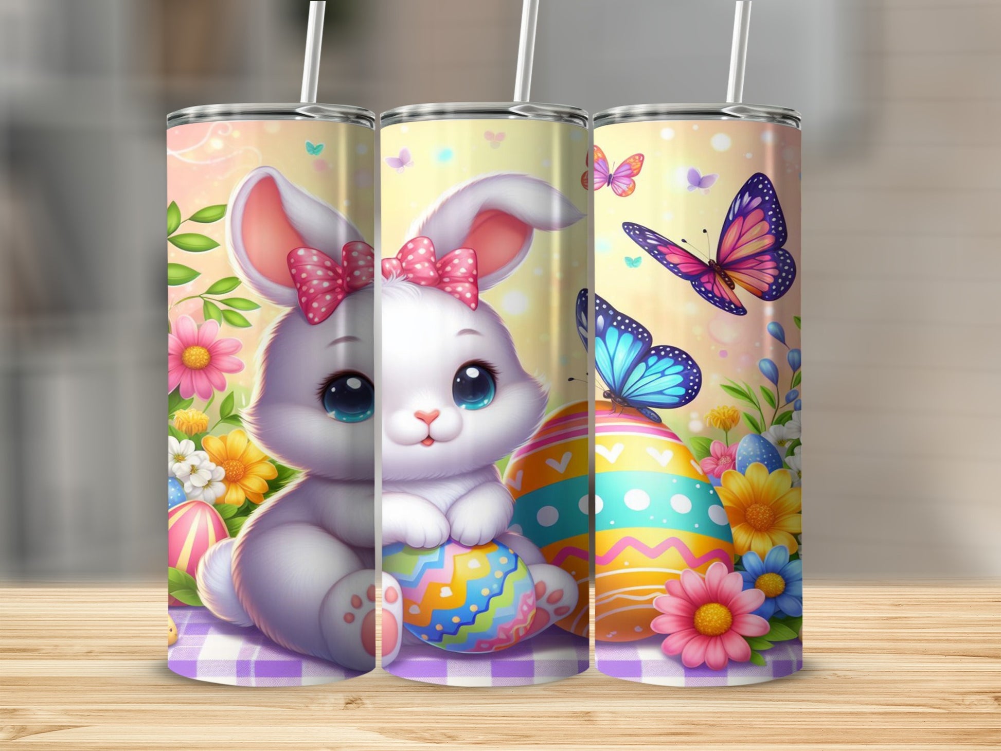 Cute white bunny with pink bow hugs an Easter egg, surrounded by butterflies and flowers.
