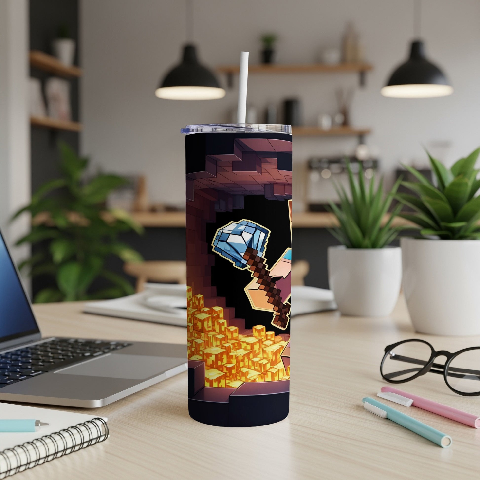 Minecraft diamond pickaxe on gold blocks tumbler with straw.