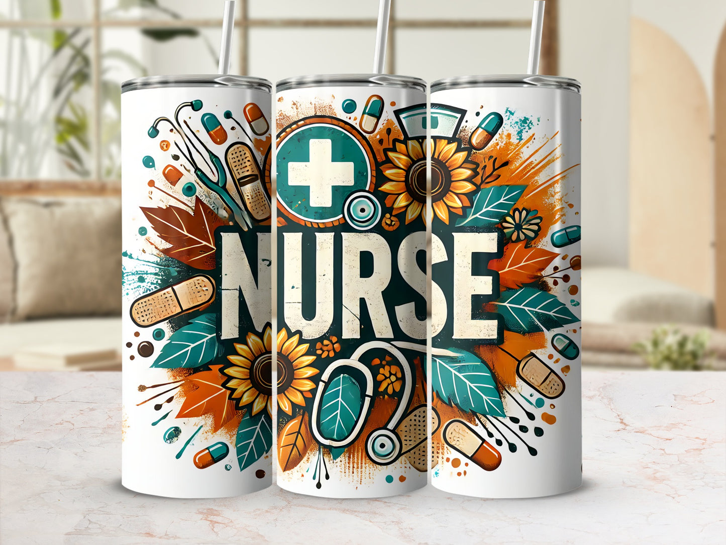 Three nurse-themed tumblers with stethoscope, pills, and sunflowers.