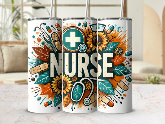 Three nurse-themed tumblers with stethoscope, pills, and sunflowers.