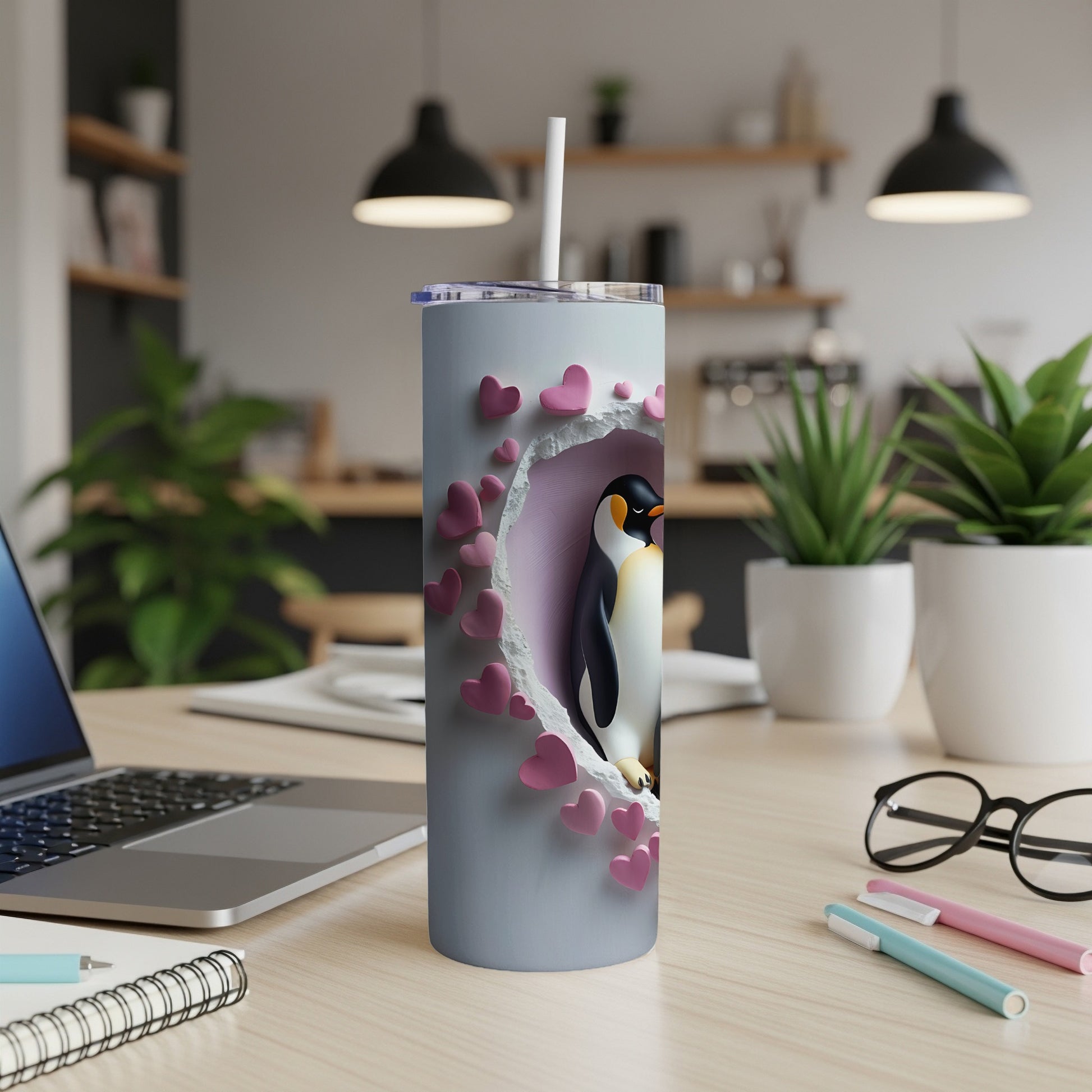 Penguin in a pink heart-shaped opening on a light blue tumbler with a straw.