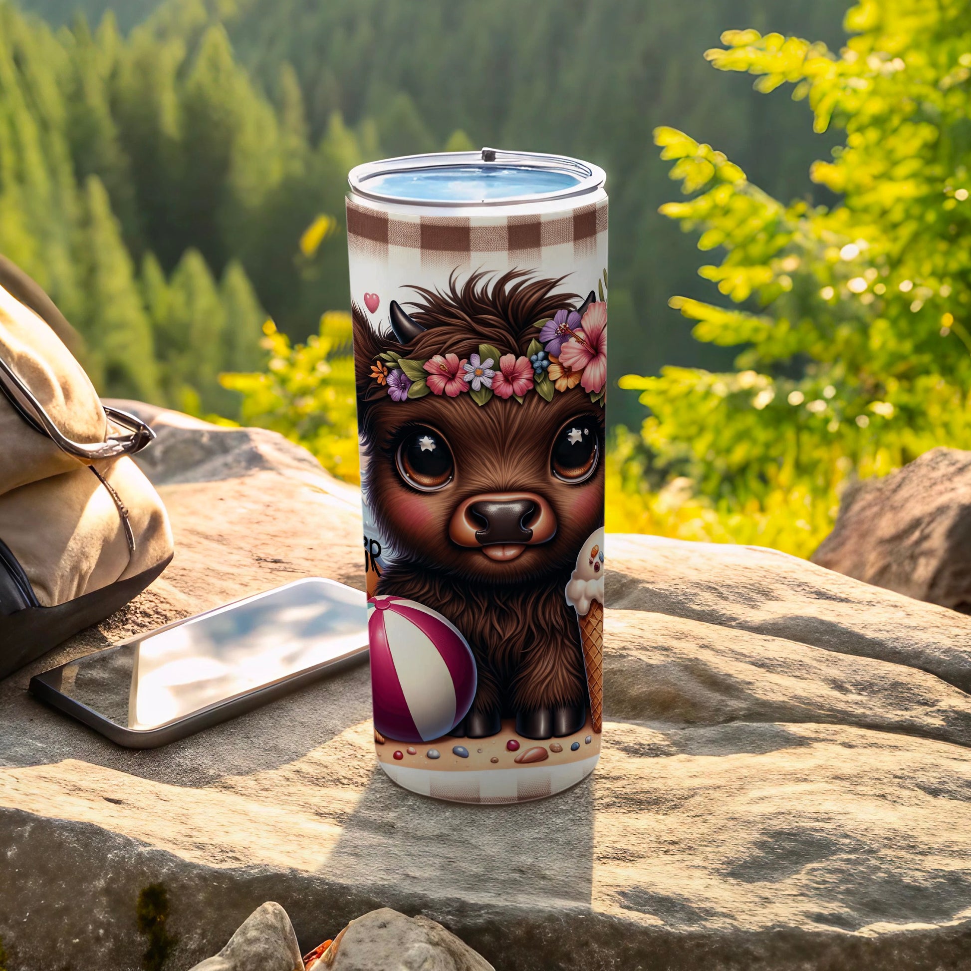 Tall tumbler with a cute baby cow wearing a flower crown and holding an ice cream cone.