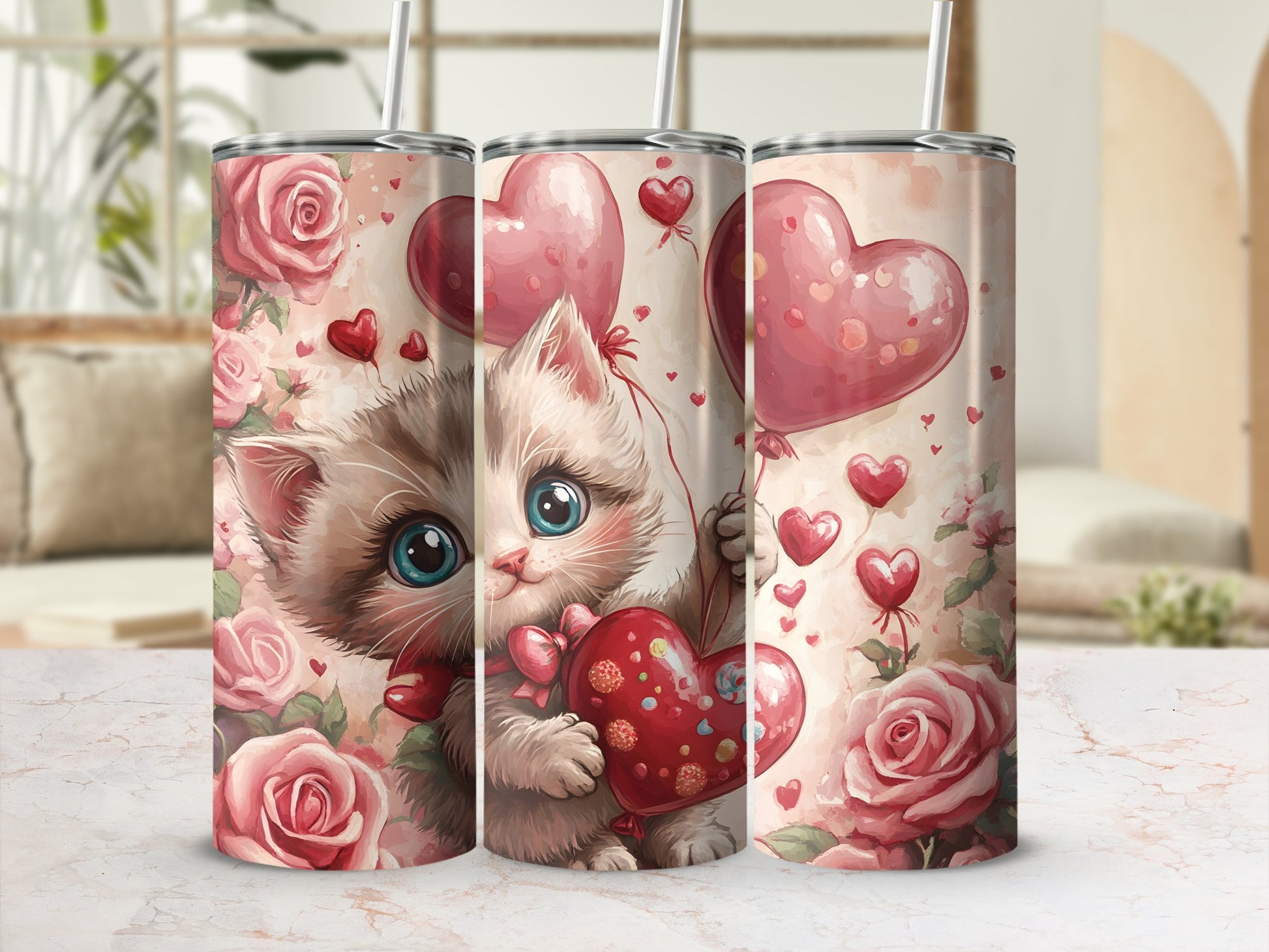 Fluffy kitten holding heart balloons and roses, Valentine's Day themed tumbler.