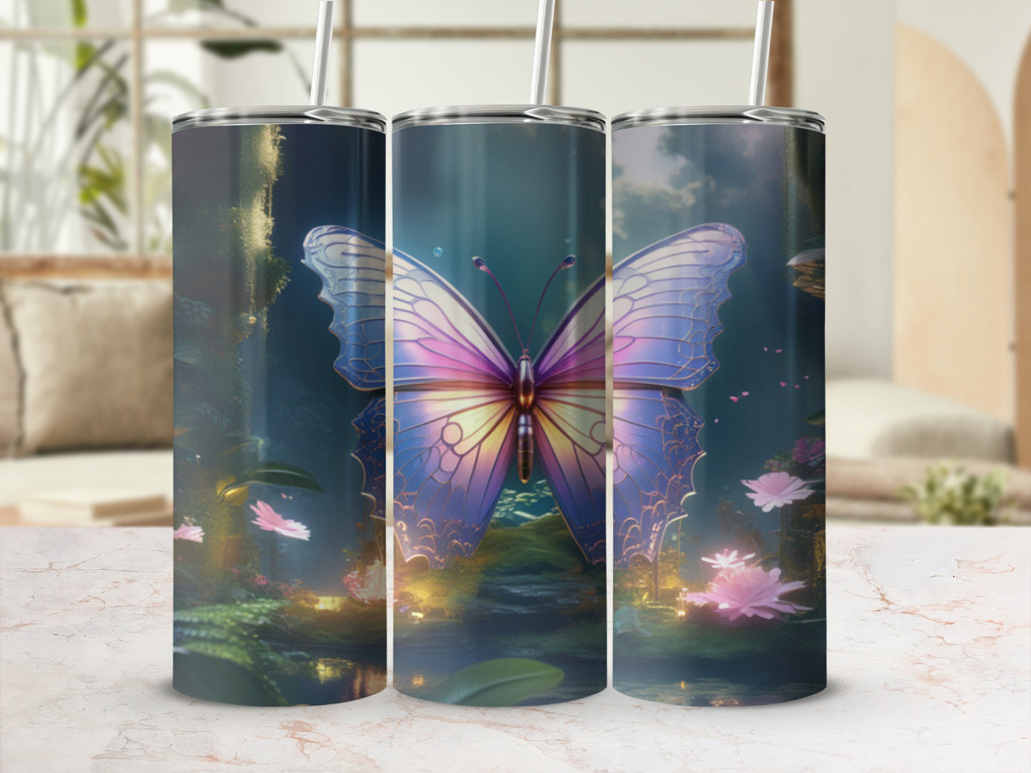 Butterfly tumbler with celestial background and pink flowers.