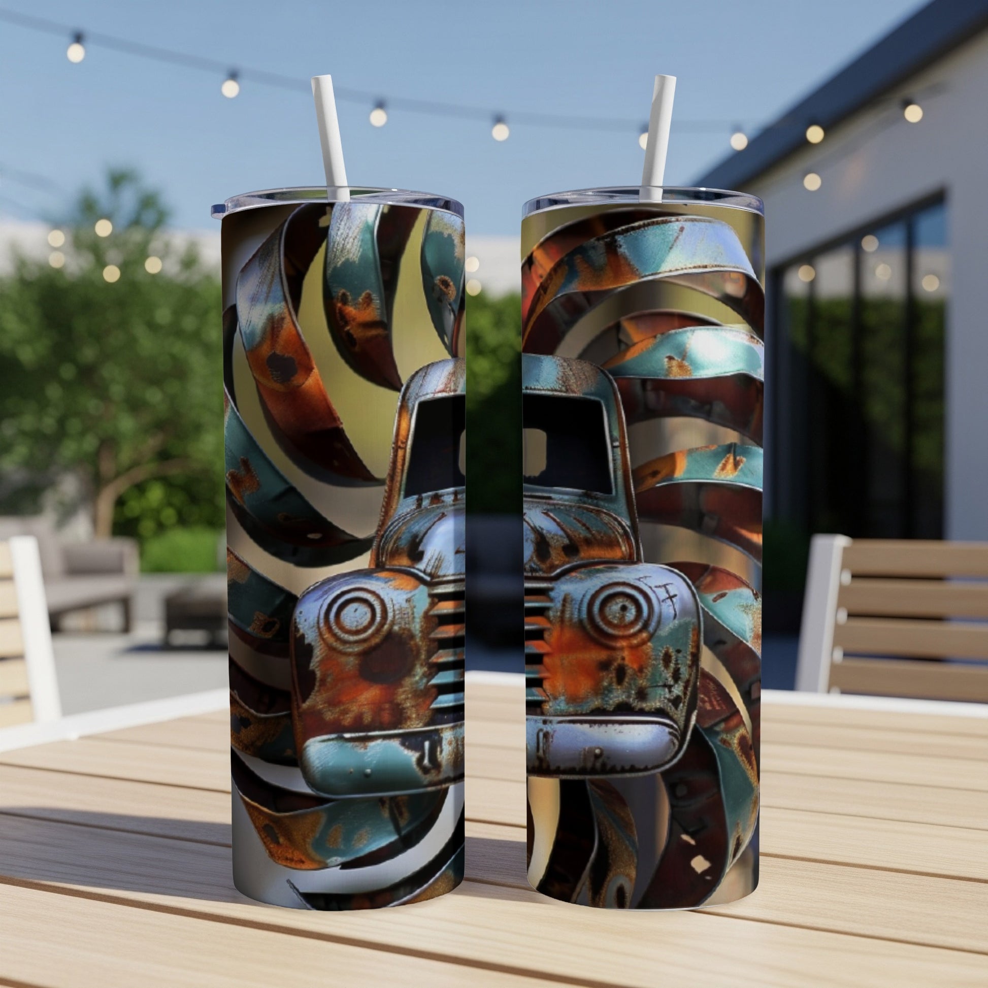 Two tumblers with a rusty truck grill design on a table.