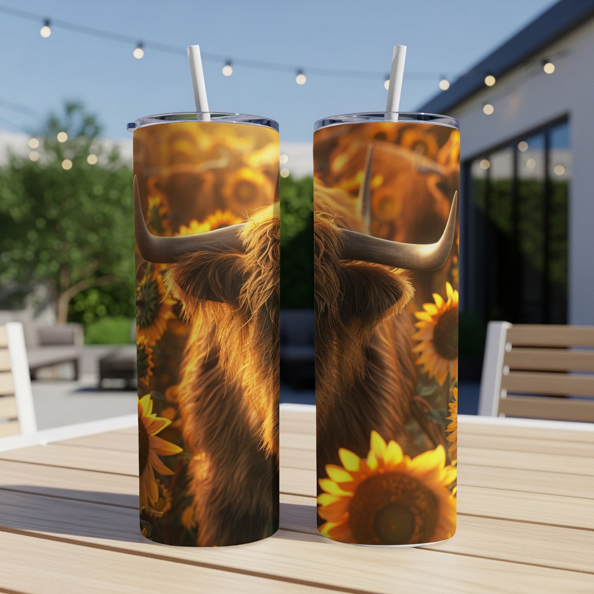 Two tumblers featuring a highland cow surrounded by sunflowers.