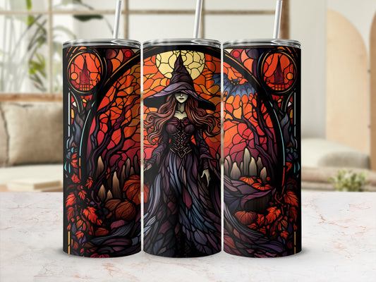 Witch in a forest with pumpkins, bat, and moon, stained glass style.