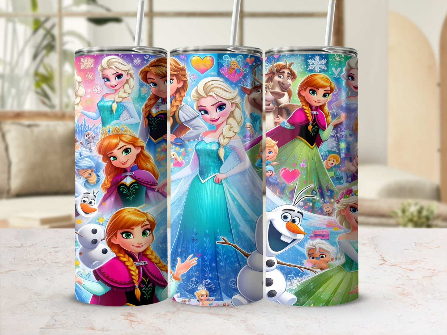 Frozen characters Elsa, Anna, and Olaf in colorful scenes on stainless steel tumblers.