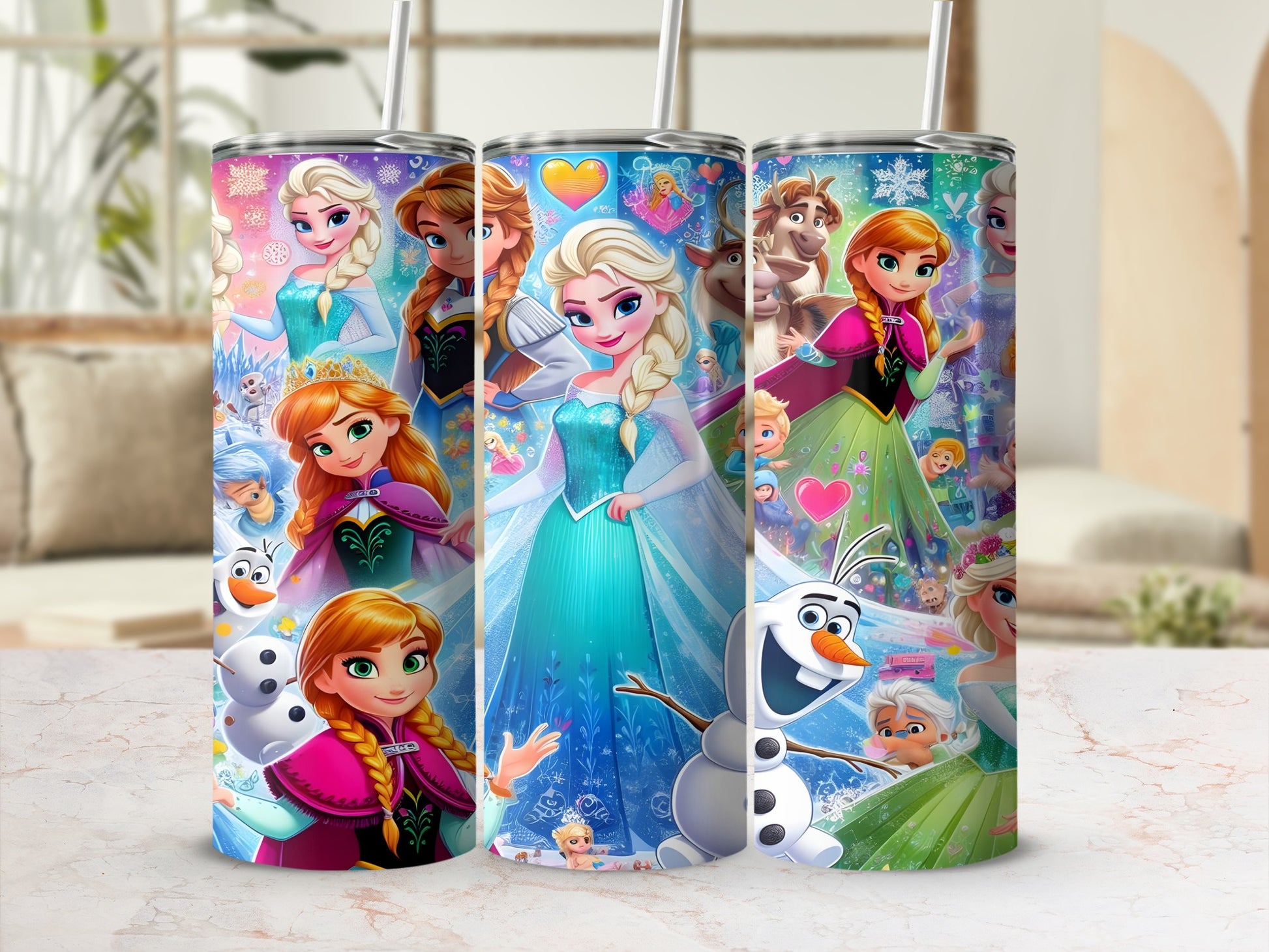 Frozen characters Elsa, Anna, and Olaf in colorful scenes on stainless steel tumblers.