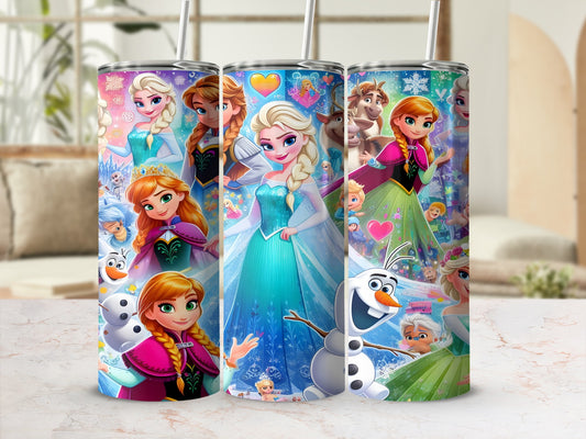 Frozen characters Elsa, Anna, and Olaf in colorful scenes on stainless steel tumblers.