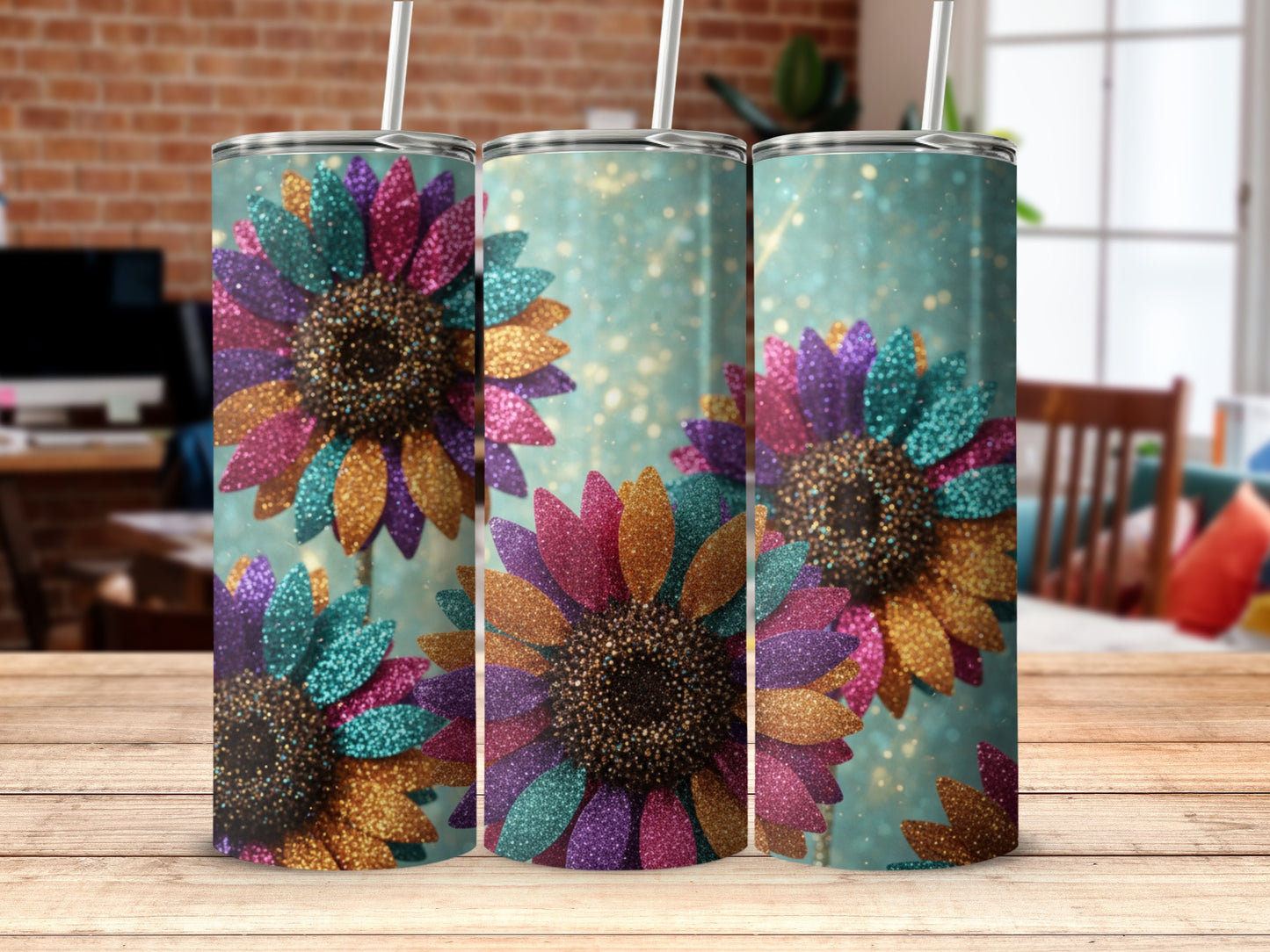 Colorful Glitter Sunflower Pattern Tumbler Product