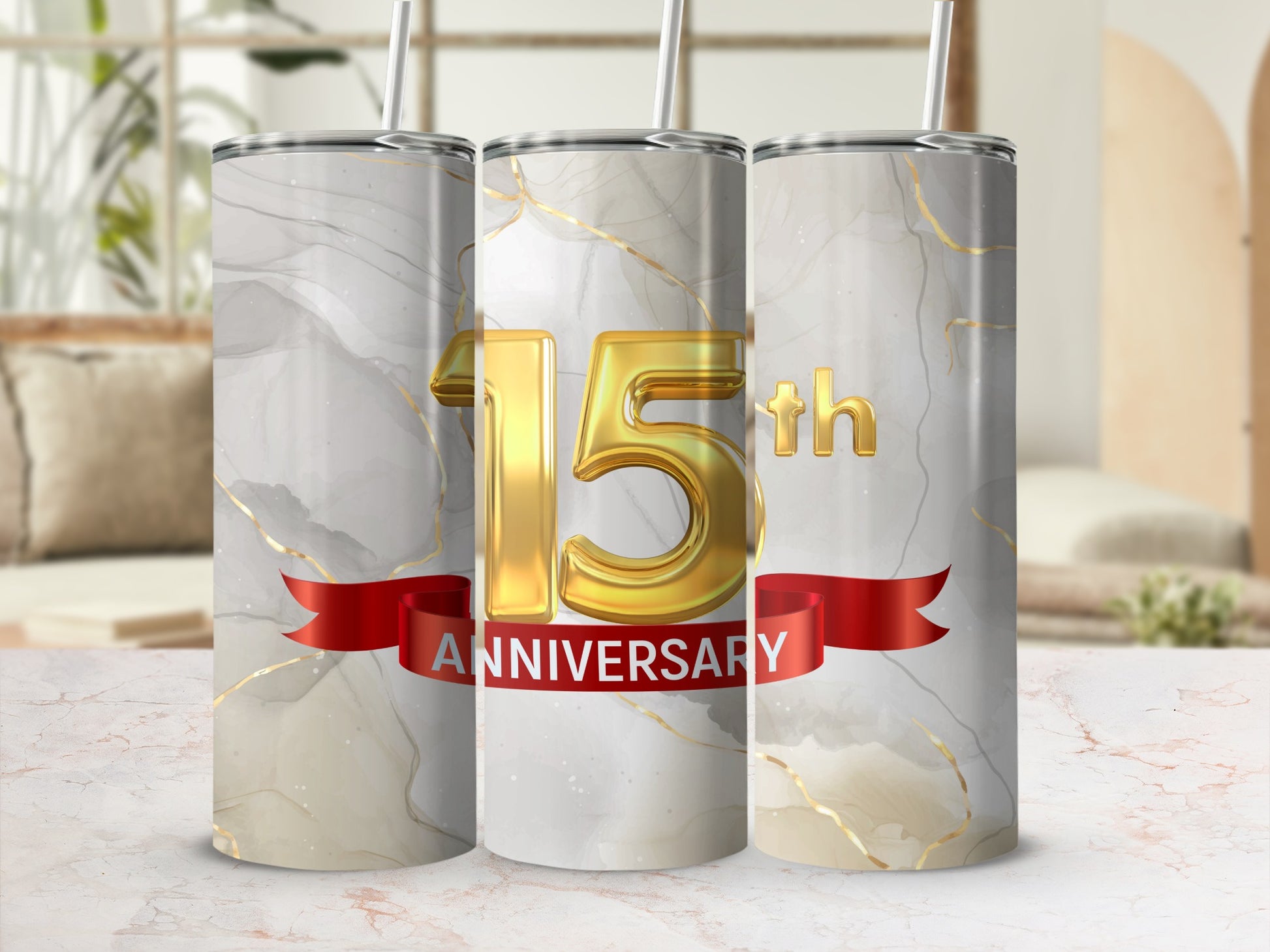 Three tumblers with "15th Anniversary" text and a marble pattern.
