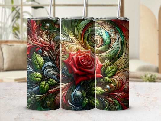 Three tumblers with a swirling red rose and floral design.