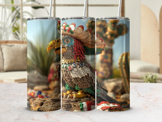 Tall tumbler with colorful, crowned parrot wearing traditional Mexican-inspired headdress.