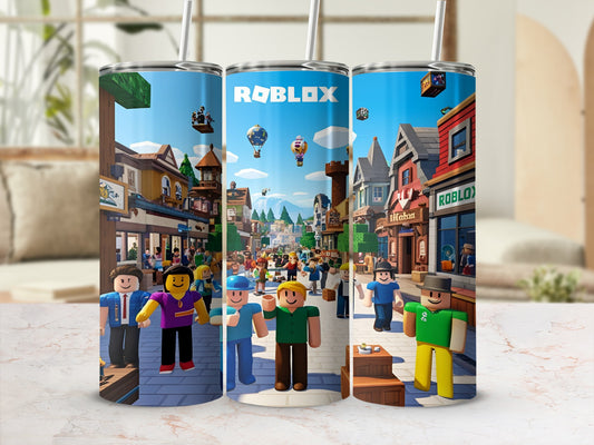 Roblox tumbler featuring animated characters and game scenery.