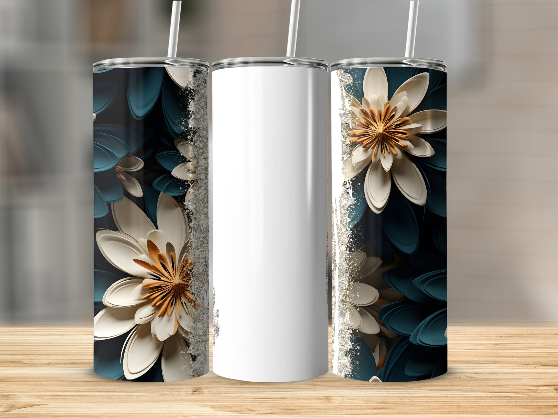 Three tumblers with floral and glitter designs.
