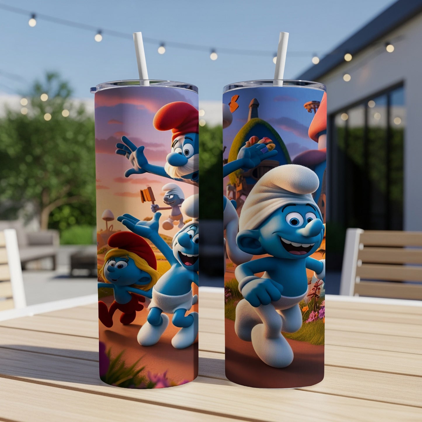 Smurfs characters on a white tumbler with a straw, outdoors.