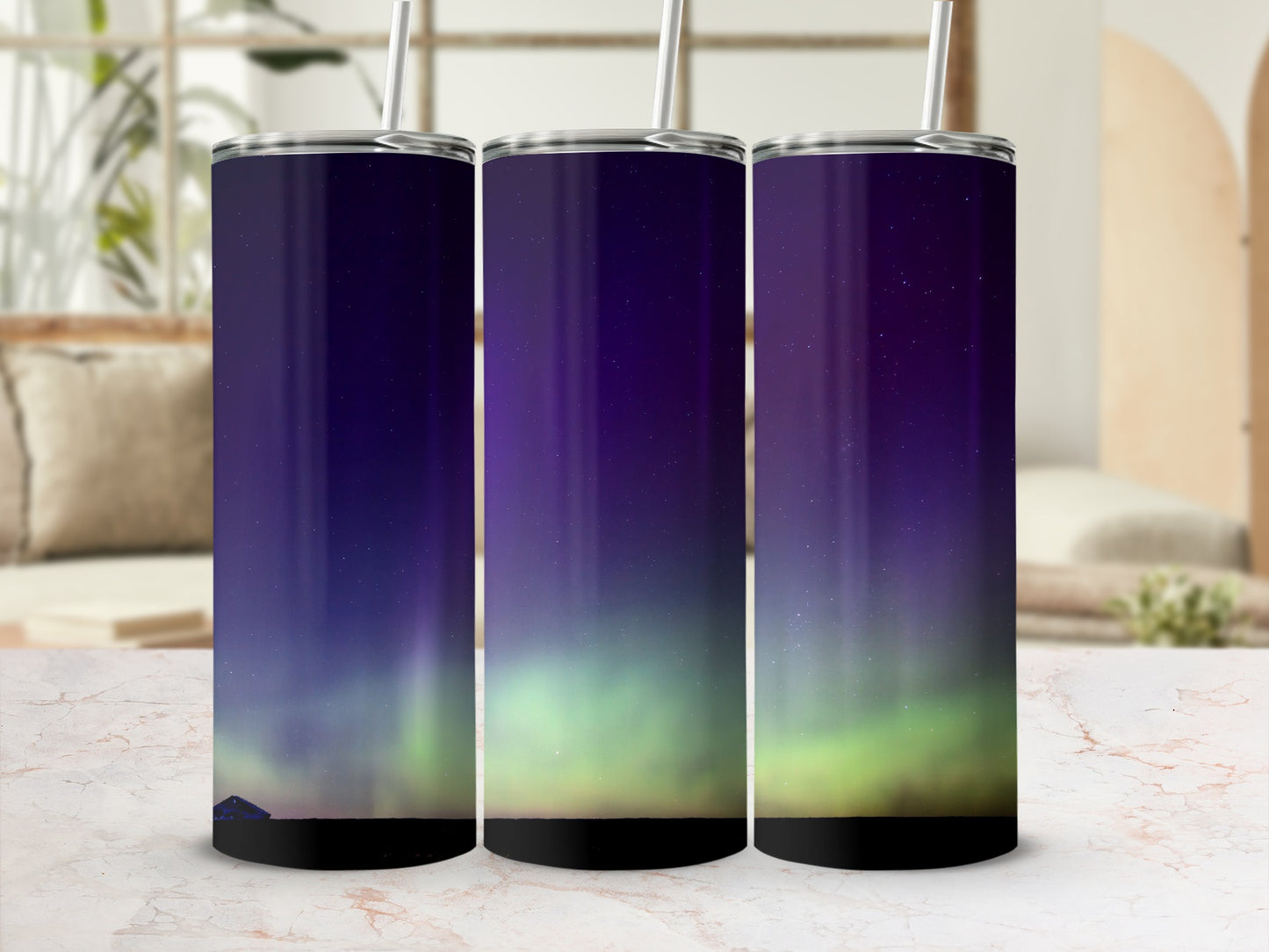 Northern Lights Sky Themed Tumbler Cup With Straw