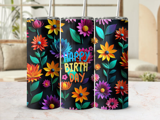 Black tumbler with colorful floral pattern and "Happy Birthday" text.