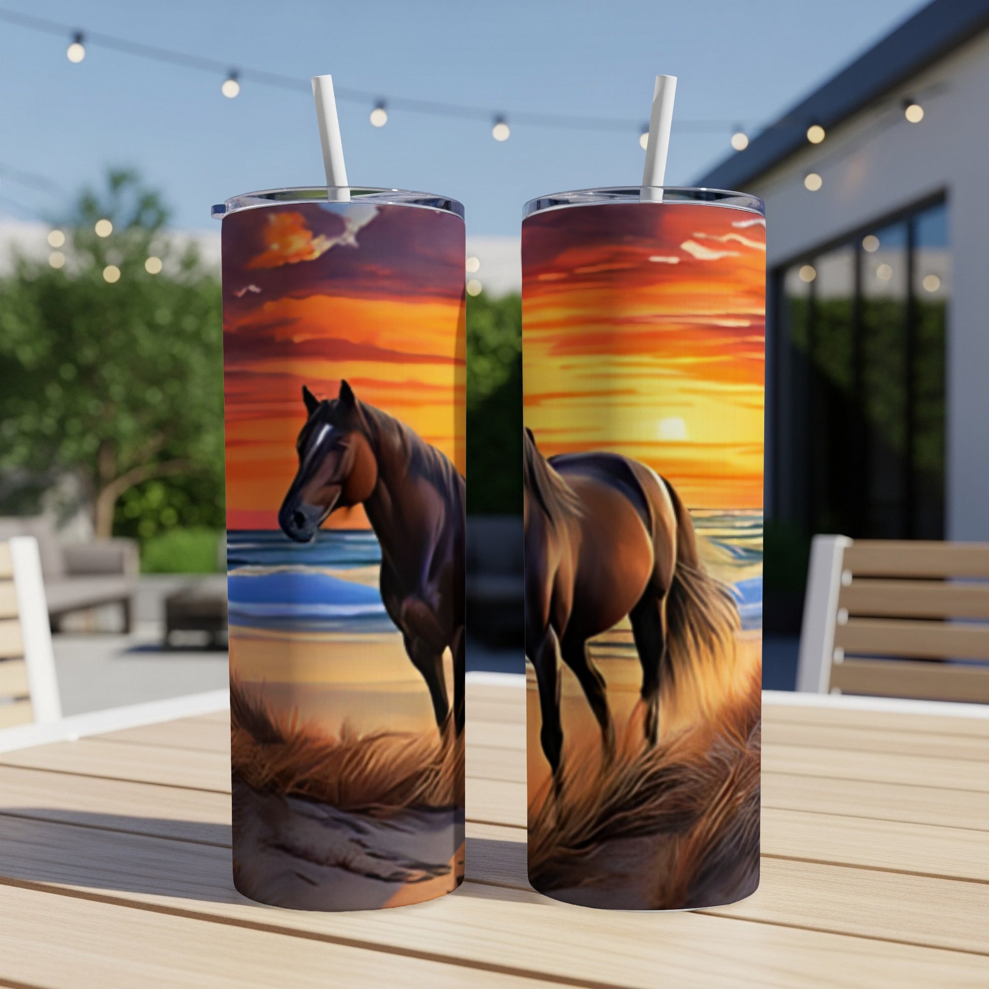 Brown horse on a beach at sunset.