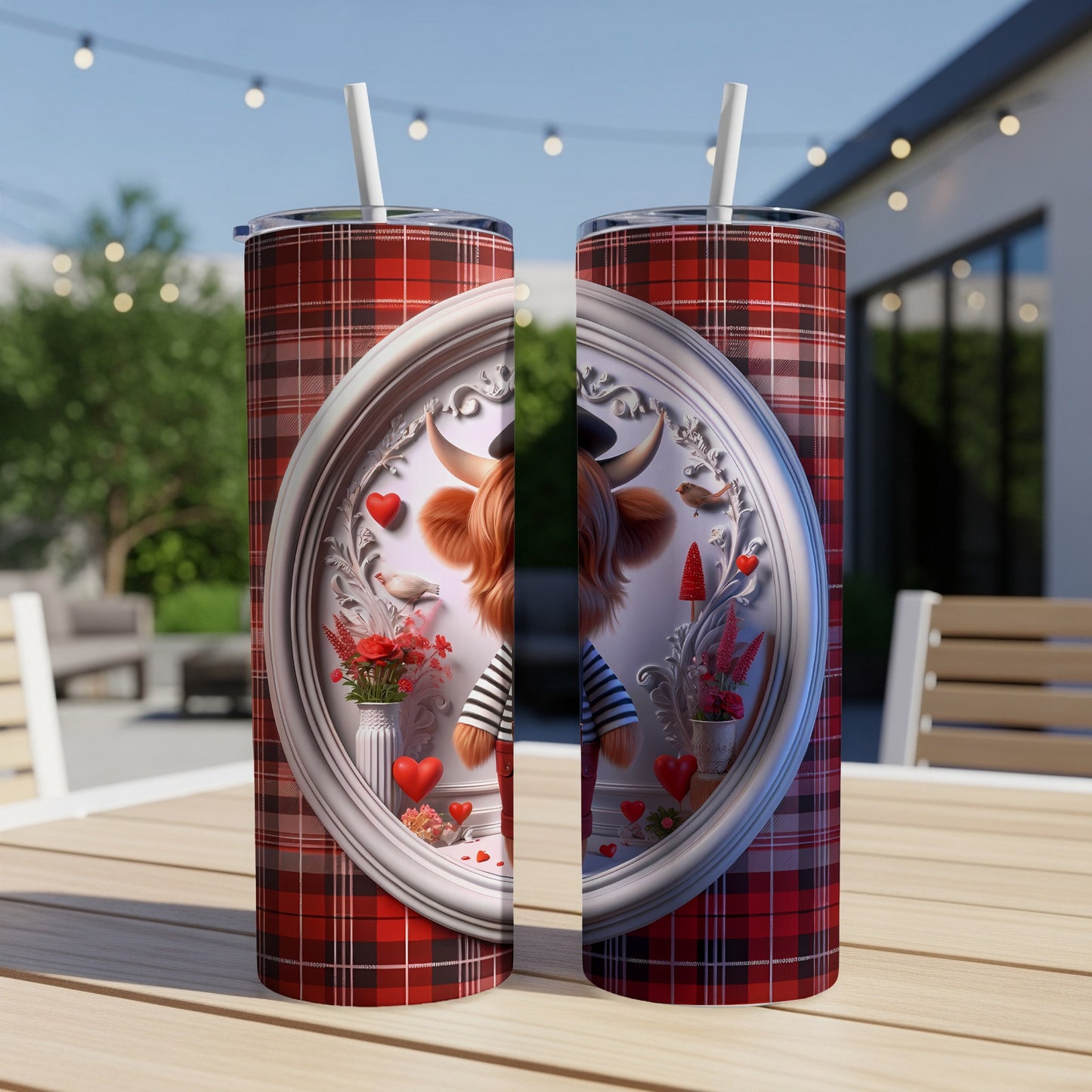 Highland cow in heart frame on plaid tumbler with straws.