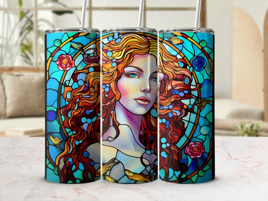 Stained glass tumbler featuring a woman with flowing red hair and floral accents.