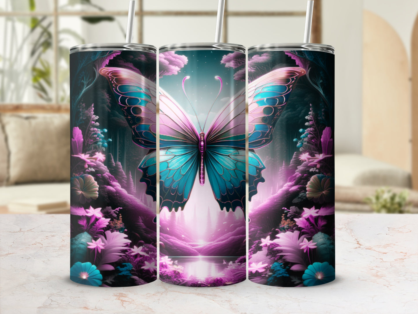 Pink and blue butterfly on a dark, magical forest background with plants.