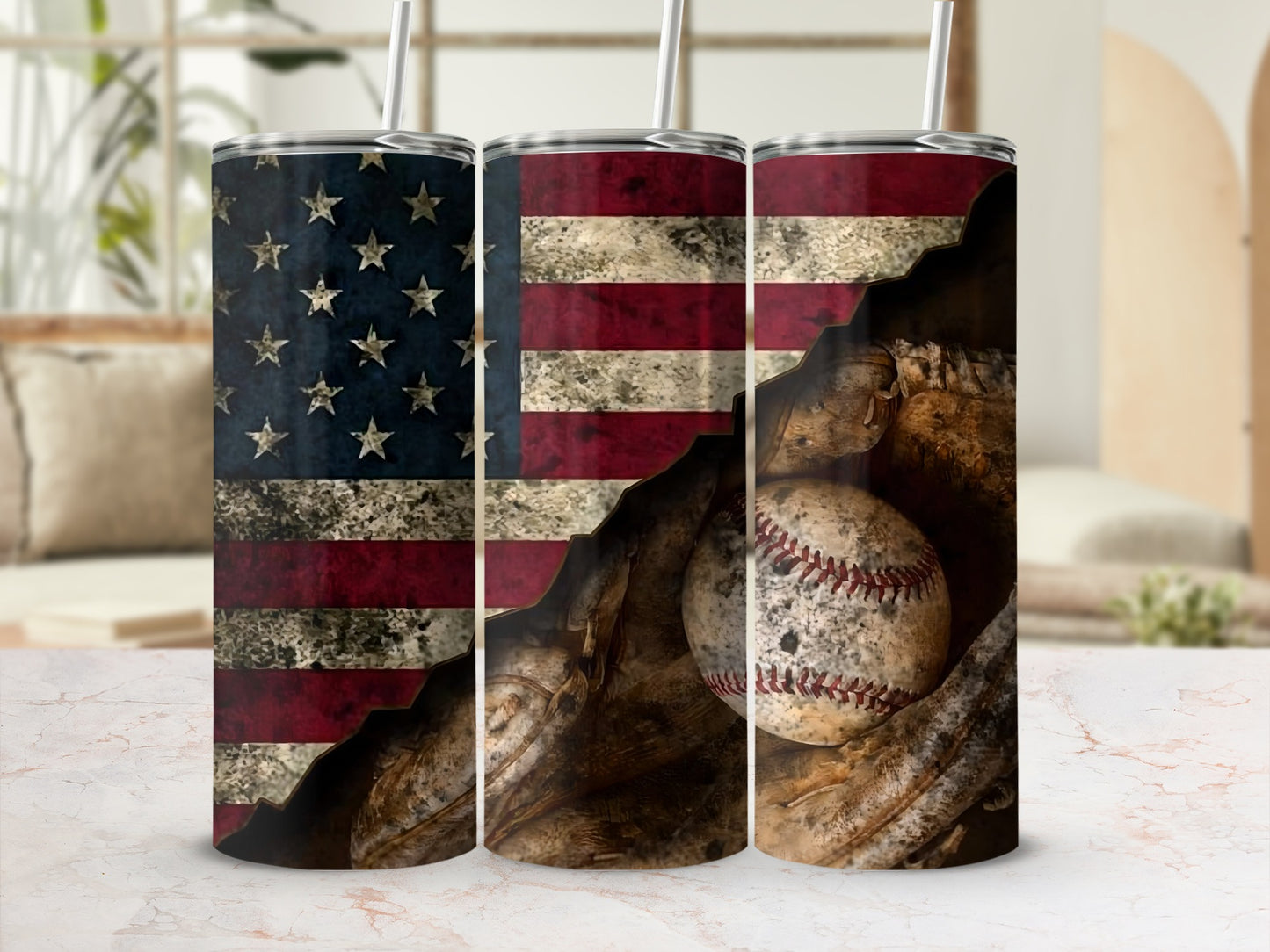 American Flag and Baseball Design Tumbler