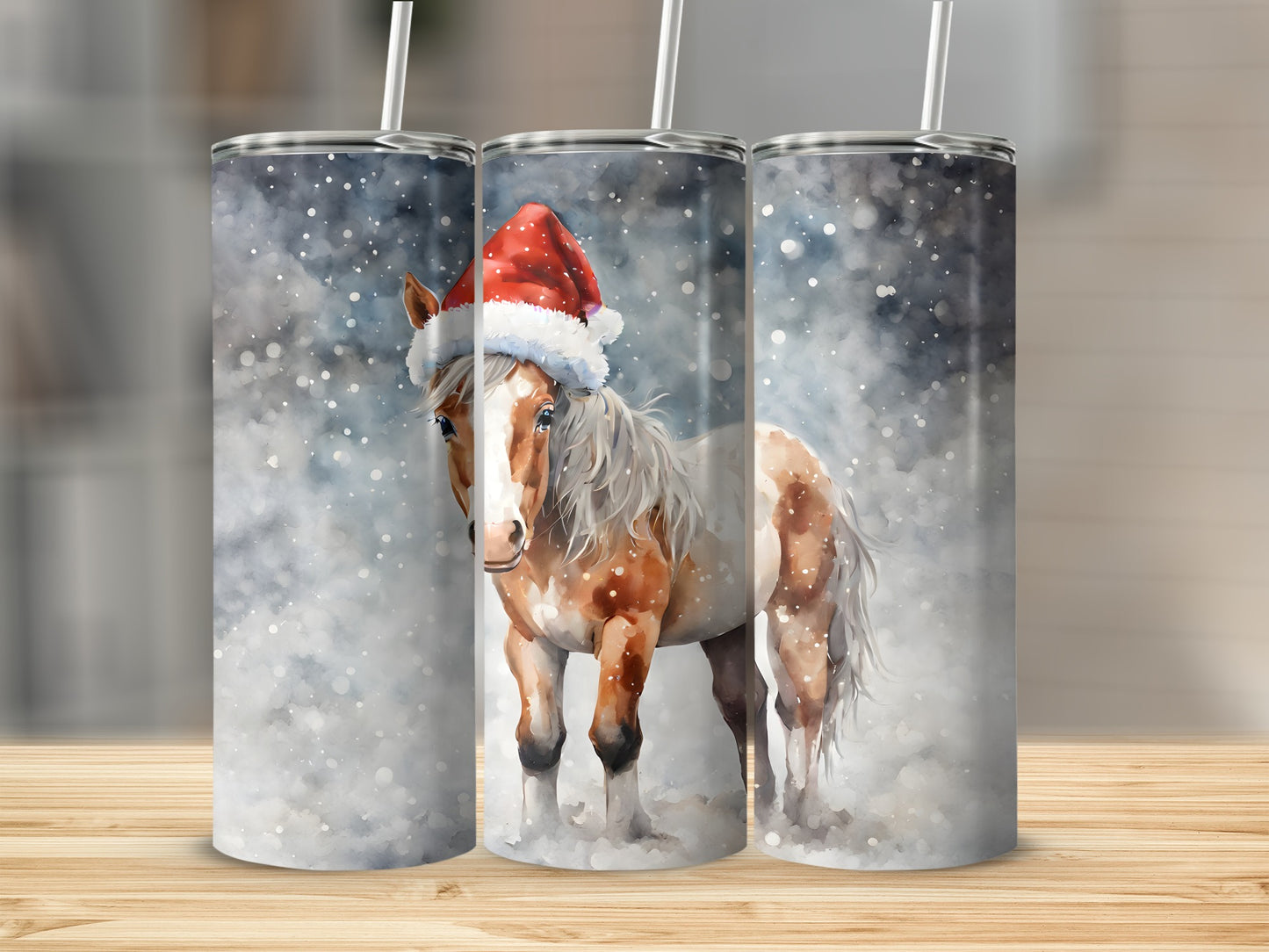 Paint horse in Santa hat with falling snow, on a skinny tumbler.