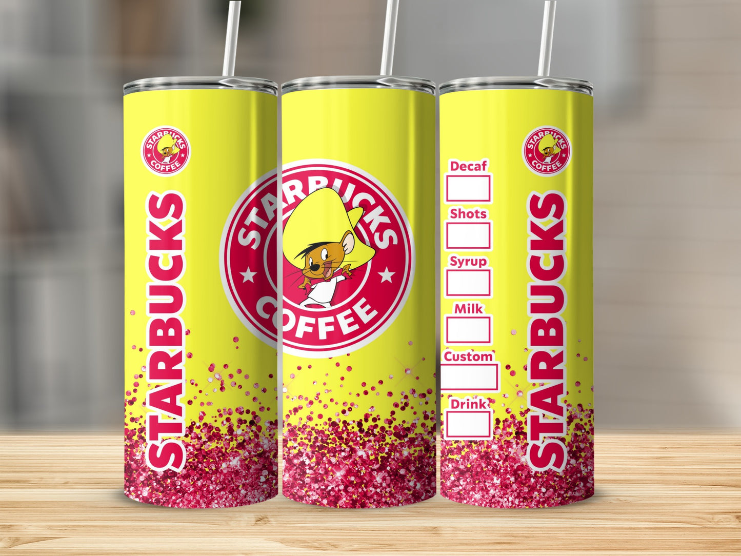 Bright Yellow Starbucks Glitter Tumbler with Character