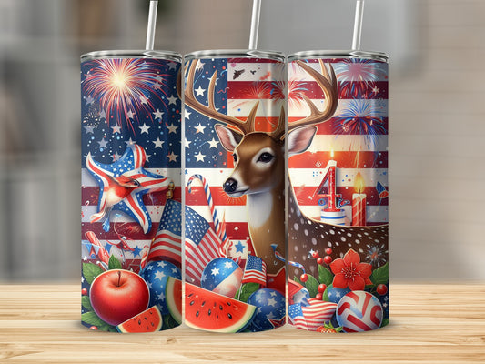 Patriotic deer, apple, watermelon, and flags on tumblers.