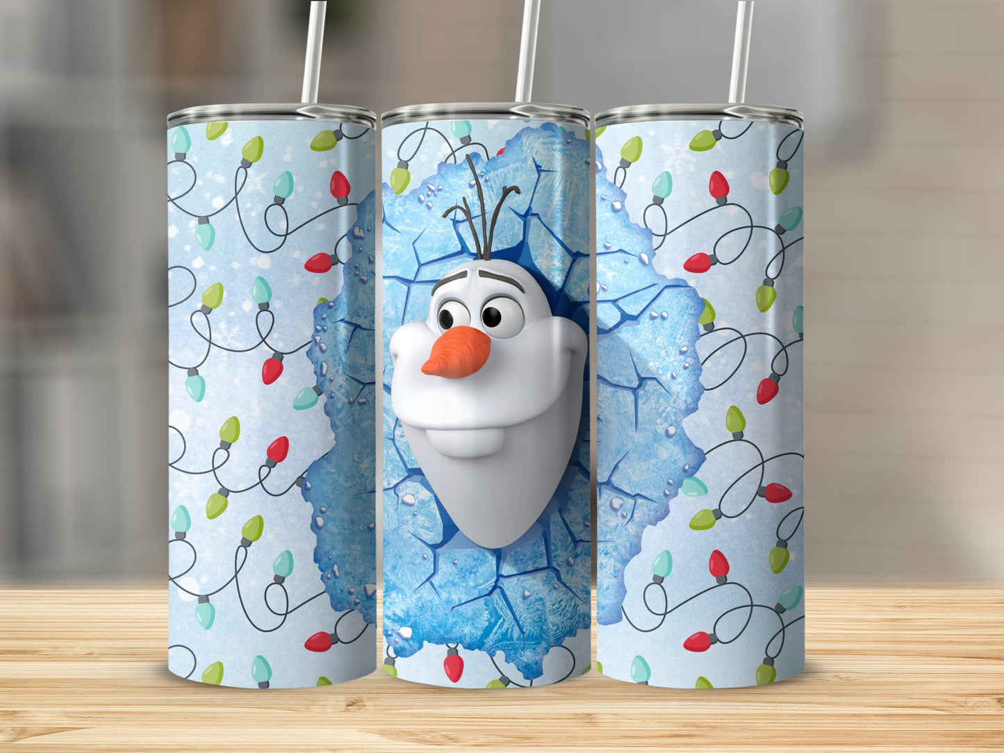 Olaf Christmas Lights Themed Tumbler with Straw