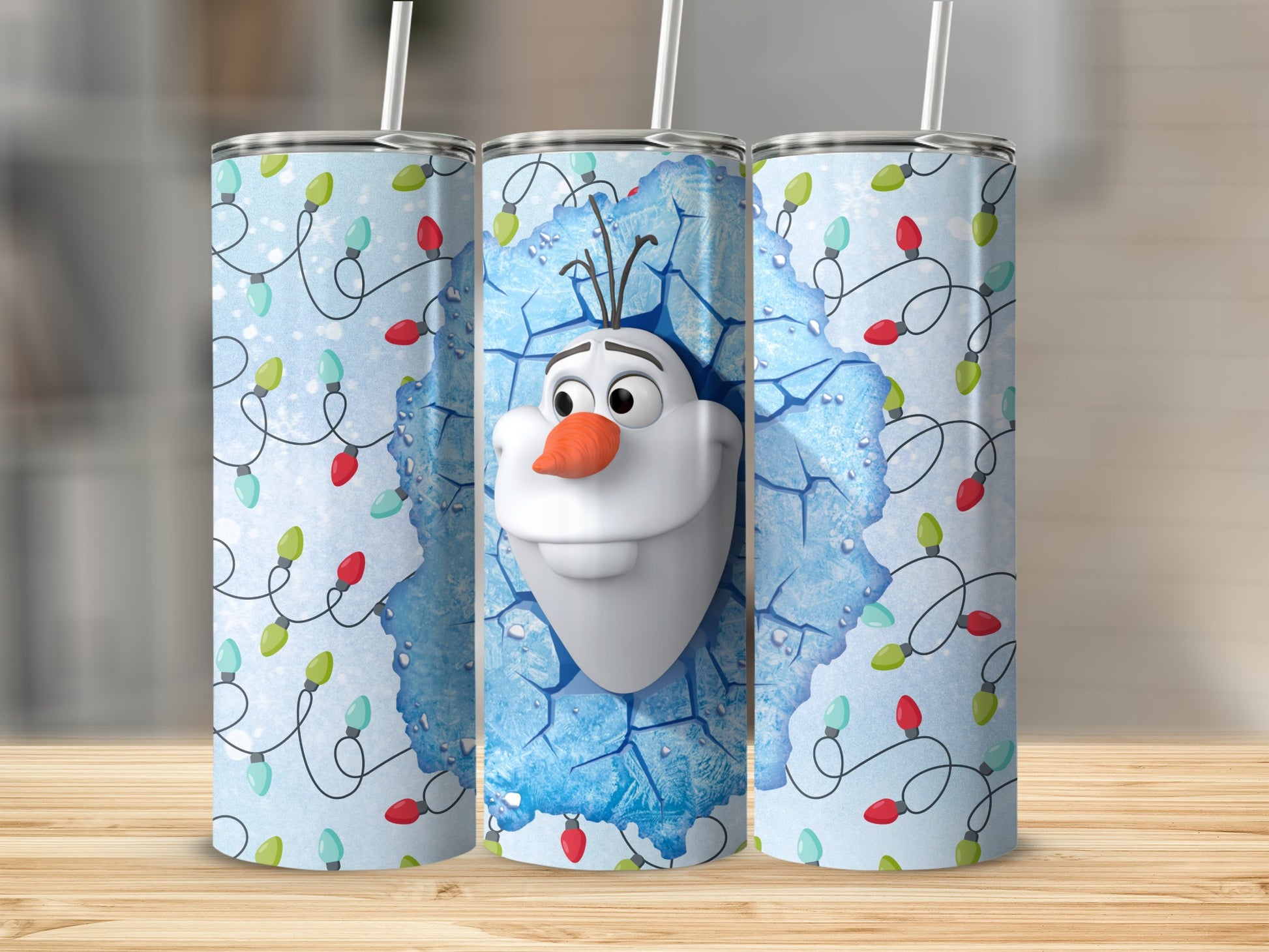 Olaf Christmas Lights Themed Tumbler with Straw