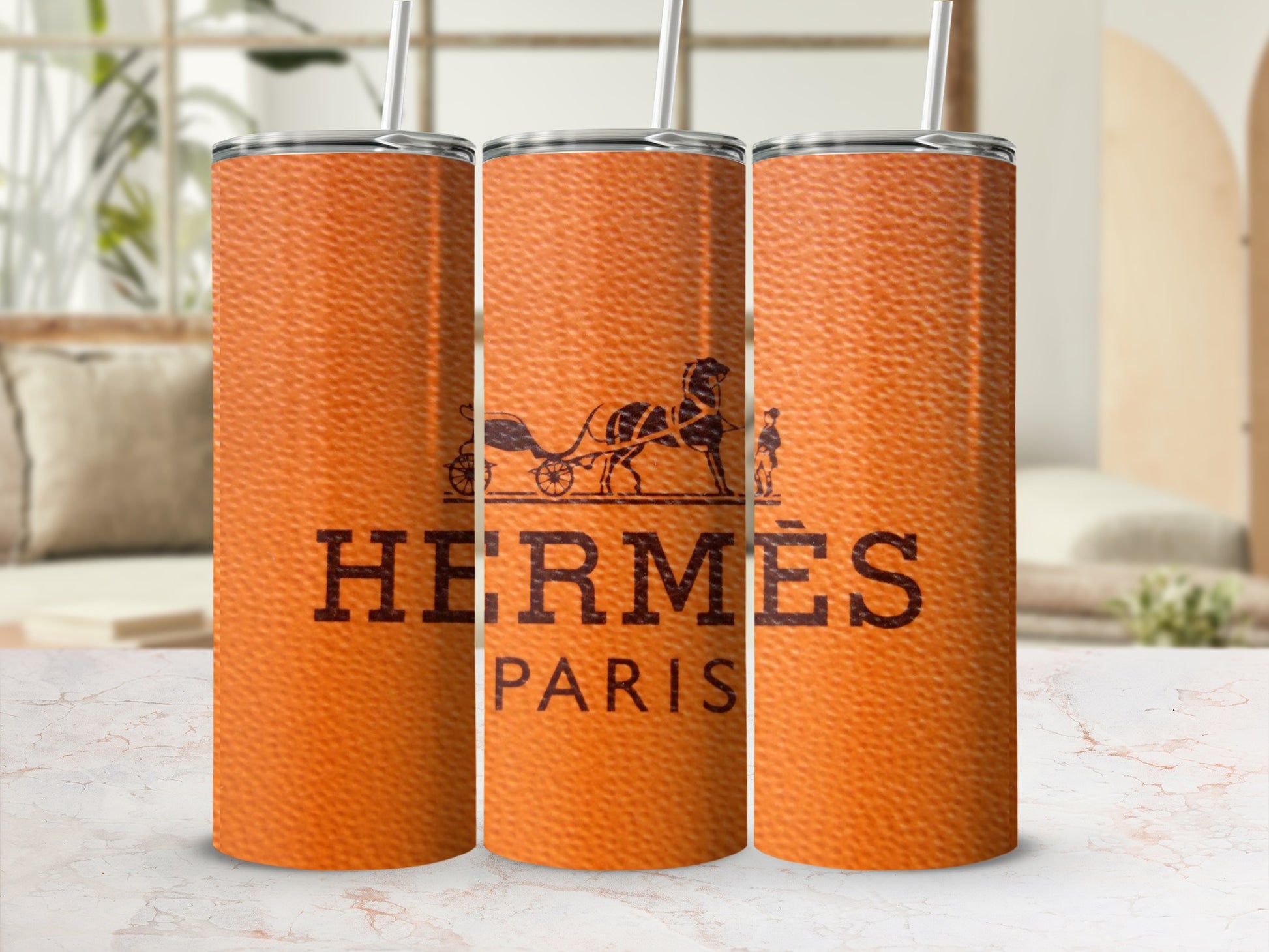 Hermès Paris Stylish Orange Tumbler with Straw Tumbler