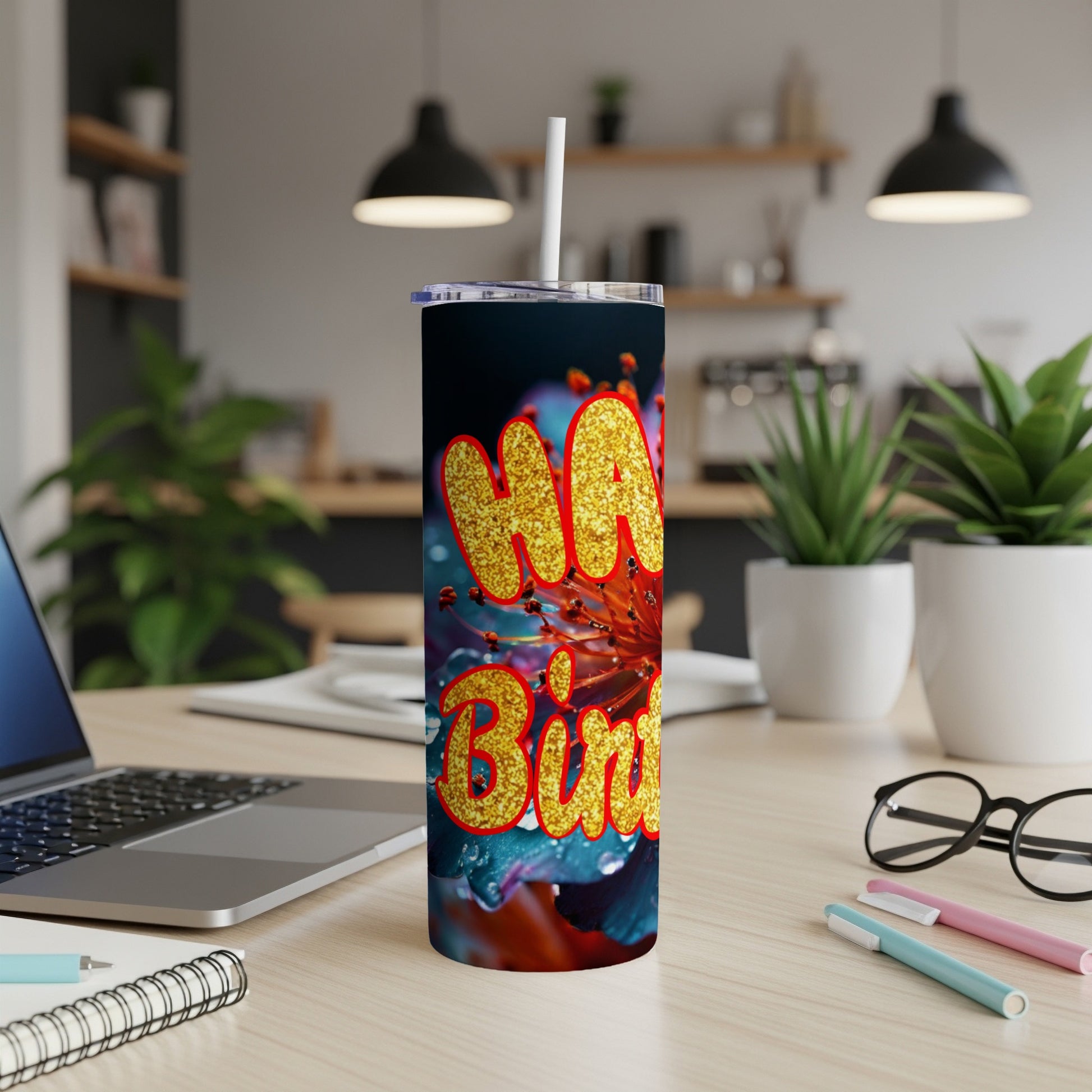 Tumbler with "Happy Birthday" text and floral design.